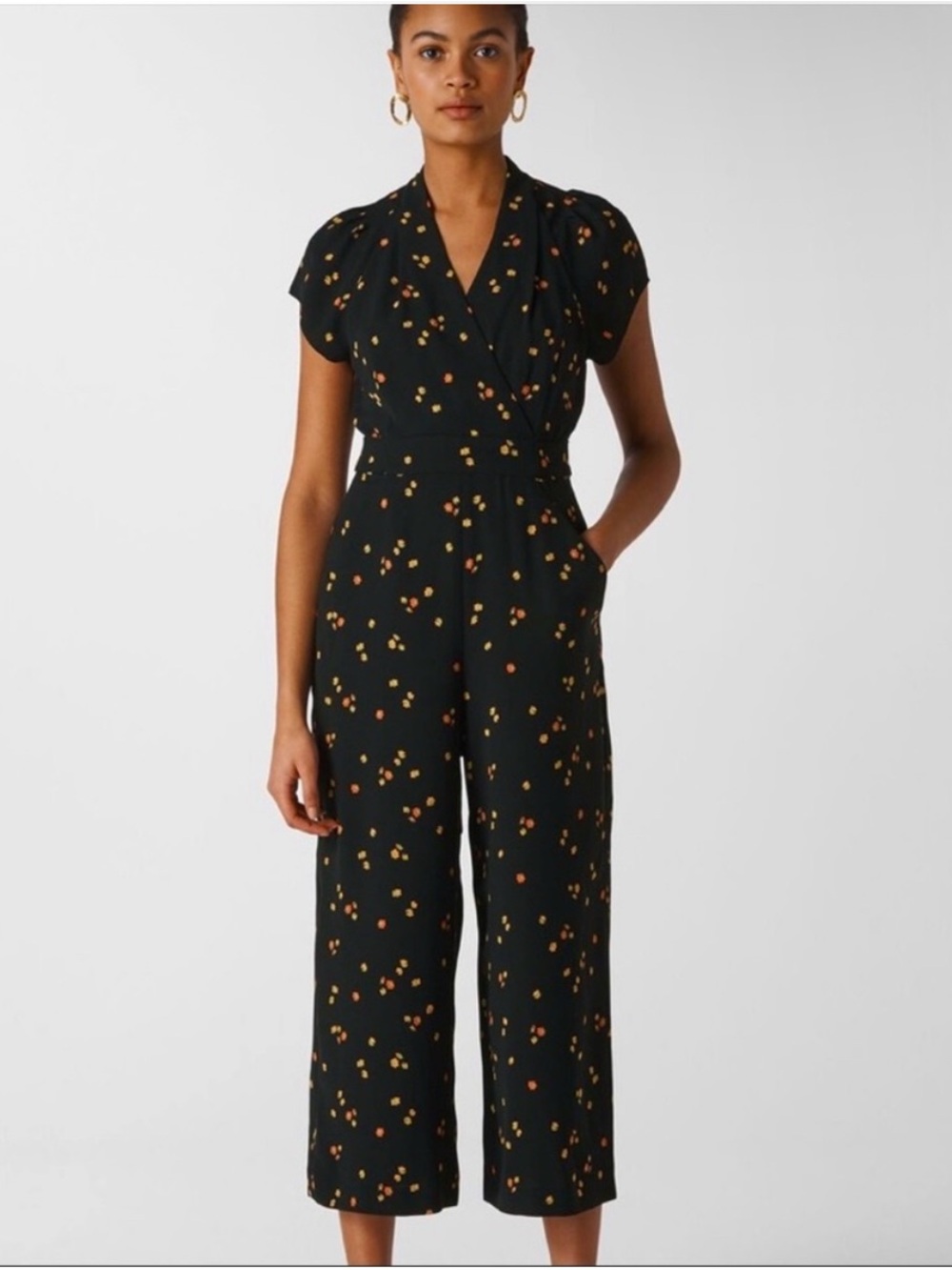 WHISTLES Black Floral Tie Back Jumpsuit Whimsigoth Dark Cottagecore Wide Leg 12